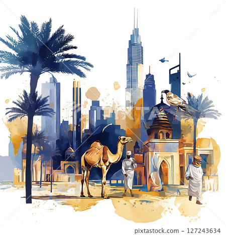 Modern city blending with traditional culture featuring camels and architecture under palm trees 127243634