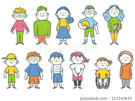 Unique elementary school students in standing poses Set stock illustration material Unique elementary school students in standing poses Set stock illustration material 127243635