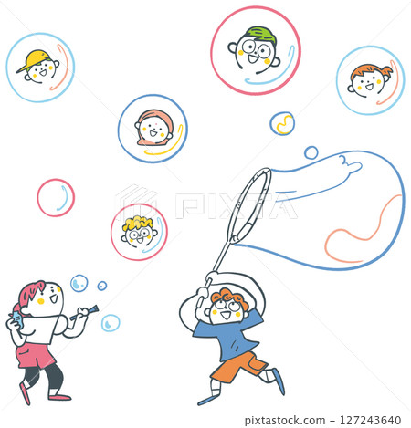 Stock illustration of a set of elementary school students blowing big soap bubbles and their friends moving into the bubbles 127243640