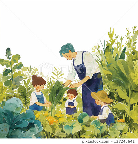 Family enjoys gardening together, teaching children about plants and vegetables in a lush green garden 127243641