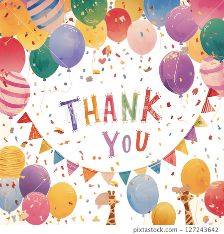 Colorful celebration with balloons and confetti expressing gratitude in a festive setting Colorful celebration with balloons and confetti expressing gratitude in a festive setting 127243642