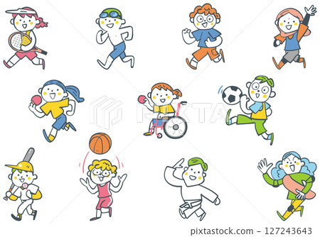 Stock illustration of elementary school students engaged in various sports 127243643