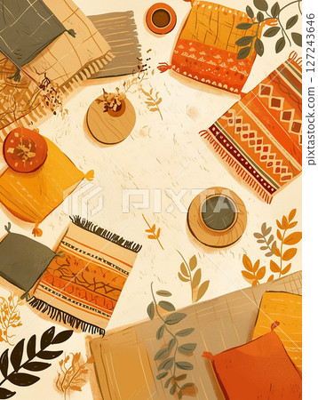 Vibrant arrangement of colorful textiles and plants creating a warm and inviting atmosphere in a cozy setting Vibrant arrangement of colorful textiles and plants creating a warm and inviting atmosphere in a cozy setting 127243646