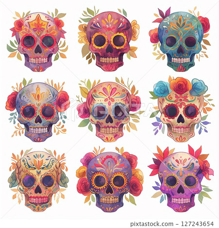 Colorful skull designs featuring floral patterns and intricate details for celebration of cultural traditions Colorful skull designs featuring floral patterns and intricate details for celebration of cultural traditions 127243654