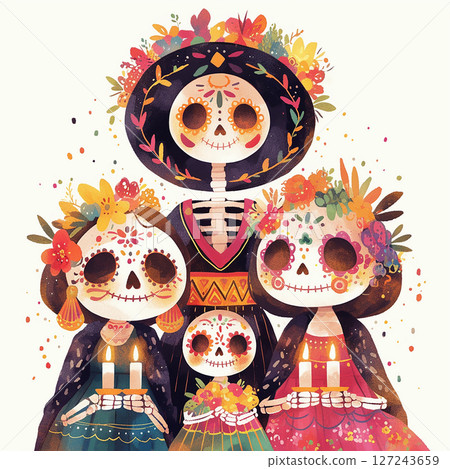 Colorful skeleton family celebrating Day of the Dead with flowers, traditional attire, and joyful expressions in a festive setting Colorful skeleton family celebrating Day of the Dead with flowers, traditional attire, and joyful expressions in a festive setting 127243659