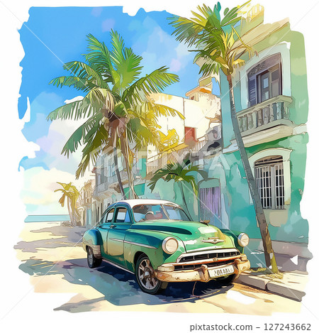 Vintage green car parked along a sunny street with palm trees in a coastal town 127243662