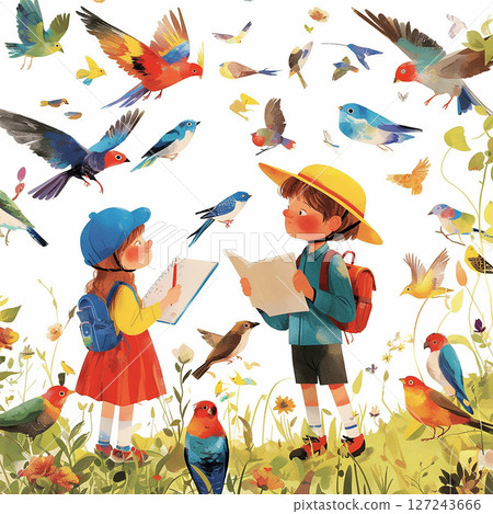 Children explore nature while observing colorful birds in a vibrant outdoor setting during springtime Children explore nature while observing colorful birds in a vibrant outdoor setting during springtime 127243666