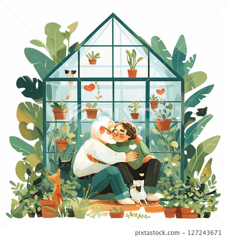 Couple enjoying a tender moment in a lush greenhouse surrounded by plants and pets on a sunny day Couple enjoying a tender moment in a lush greenhouse surrounded by plants and pets on a sunny day 127243671