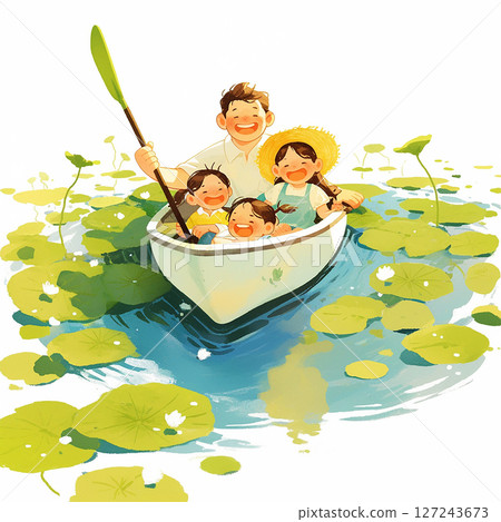 Family enjoying a joyful boat ride through tranquil waters surrounded by lush lily pads on a sunny day Family enjoying a joyful boat ride through tranquil waters surrounded by lush lily pads on a sunny day 127243673