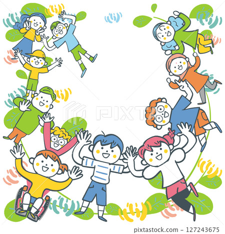 小學生舉起手臂圍成一個圓圈，還有白色的三葉草 庫存插圖素材 127243675