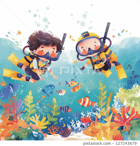 Two children explore a vibrant underwater world while snorkeling in a coral reef, surrounded by colorful fish and marine life Two children explore a vibrant underwater world while snorkeling in a coral reef, surrounded by colorful fish and marine life 127243679