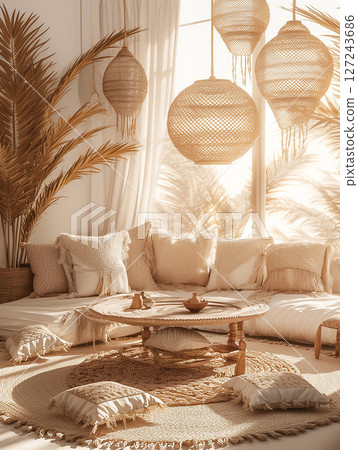 Cozy bohemian living room with woven decor and warm sunlight at afternoon Cozy bohemian living room with woven decor and warm sunlight at afternoon 127243686