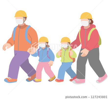 A family of four evacuating A family of four evacuating 127243801