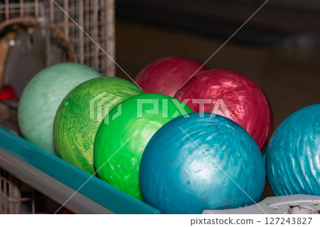 Very old colorful bowling balls background Very old colorful bowling balls background 127243827