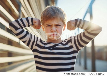 Kid boy shows his muscles. Angry little child boy waves his fist at the camera outdoors at the city street. Unhappy grumpy boy showing his biceps. Provocation. Elementary school problems. Bullying. 127243857