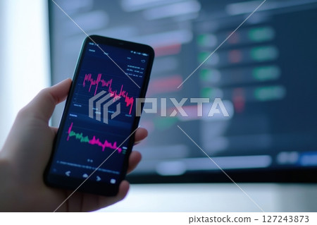 Man trader using smartphone checking graph exchange on blue monitor with online data background. Person using phone investing application. Stock market, trading cryptocurrency on app. Online business 127243873