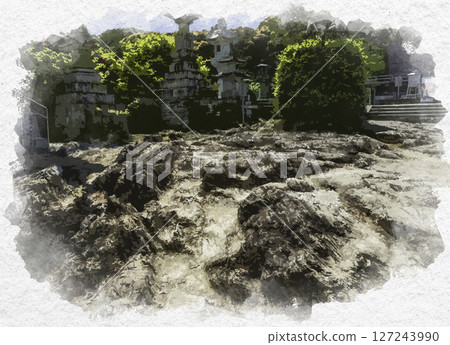 Watercolor painting style, Shikoku 88 Temple No. 14, Jorakuji Temple, Flowing Water Rock Garden, Tokushima City, Tokushima Prefecture 127243990