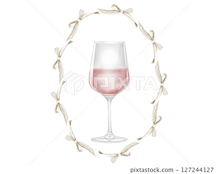 Glass of wine watercolor illustration. Drink alcoholic pink sparkling with a bow on the stem. Clip art drinks. Wine shop booklets. Ideal for restaurant menus, posters and advertising signs. 127244127