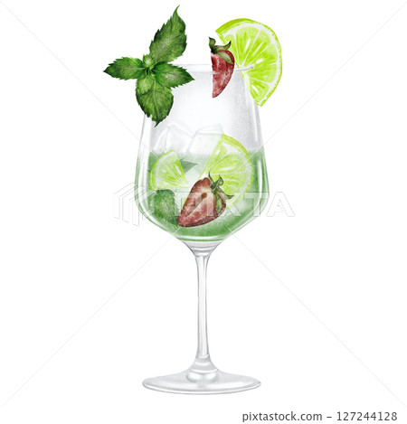 Mojito in a glass watercolor drawing. Hand drawn illustration of alcoholic drink with ice, lime and mint on white background. Clip art of drinks. Ideal for bar and restaurant menu on the beach. Mojito in a glass watercolor drawing. Hand drawn illustration of alcoholic drink with ice, lime and mint on white background. Clip art of drinks. Ideal for bar and restaurant menu on the beach. 127244128
