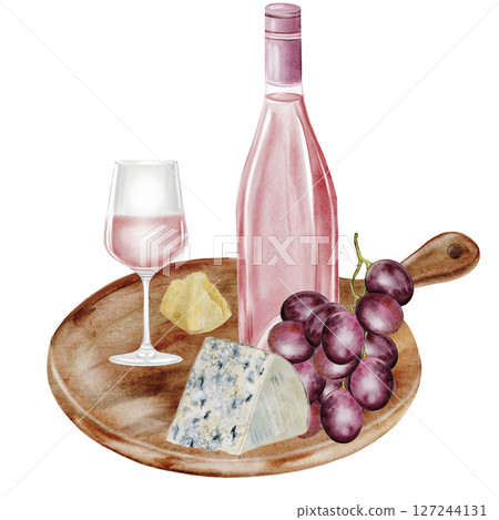 Wine bottle and a glass with snacks on the board watercolor. Hand drawn pink alcoholic drink. Clip art of drink. Ideal for advertising posters of bar and restaurant menu. Wine bottle and a glass with snacks on the board watercolor. Hand drawn pink alcoholic drink. Clip art of drink. Ideal for advertising posters of bar and restaurant menu. 127244131