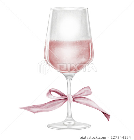Glass of wine watercolor illustration. Drink alcoholic pink sparkling with a bow on the stem. Clip art drinks. Wine shop booklets. Ideal for restaurant menus, posters and advertising signs. 127244134