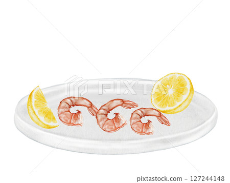 Shrimp and lemon on a plate watercolor. Hand drawn crustacean on isolated white background. Food clip art. Ideal for restaurant menus, product packaging and cookbook design Shrimp and lemon on a plate watercolor. Hand drawn crustacean on isolated white background. Food clip art. Ideal for restaurant menus, product packaging and cookbook design 127244148