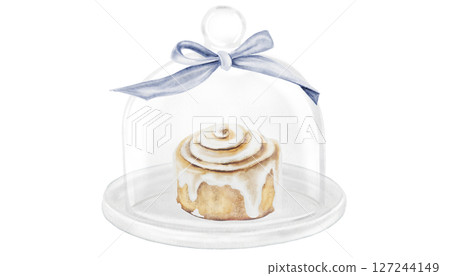 Cinnabon, cinnamon watercolor. Hand drawn cinnamon bun with cream cheese under the cloche. Classic American sweet. Clip art isolated on white background. For coffee shop menu, pastry shop and sweet Cinnabon, cinnamon watercolor. Hand drawn cinnamon bun with cream cheese under the cloche. Classic American sweet. Clip art isolated on white background. For coffee shop menu, pastry shop and sweet 127244149