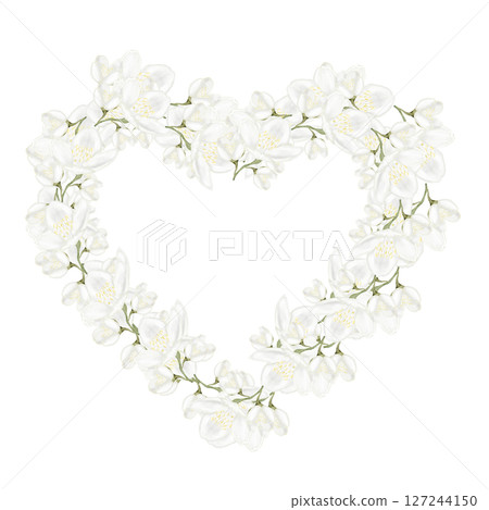 Jasmine white flower watercolor frame. Hand drawn bud delicate in the shape of a heart. Clip art botanical on white background. Ideal for logo of tea and aromatic products from jasmine Jasmine white flower watercolor frame. Hand drawn bud delicate in the shape of a heart. Clip art botanical on white background. Ideal for logo of tea and aromatic products from jasmine 127244150