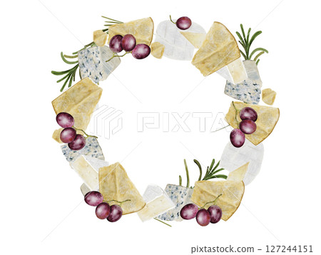 Cheese watercolor frame. Hand drawn different cheeses, parmesan, brie, roquefort. Clip art of food on white background. Ideal for packaging of farm organic product or restaurant menu design 127244151