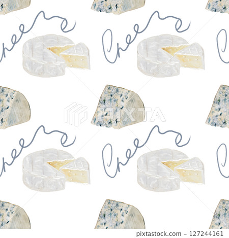 Cheese watercolor pattern. Hand drawn illustration brie, camembert, dor blue. Clip art of food on white background. Ideal for packaging of farm organic product or restaurant menu design 127244161