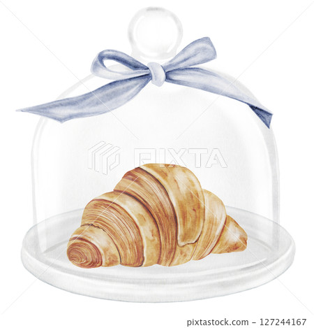 Croissant and cloche watercolor illustration. Hand drawn fresh french bun in a glass dome with a bow. Food clip art. Ideal for bakery prints, postcards and pastry shop posters. Croissant and cloche watercolor illustration. Hand drawn fresh french bun in a glass dome with a bow. Food clip art. Ideal for bakery prints, postcards and pastry shop posters. 127244167