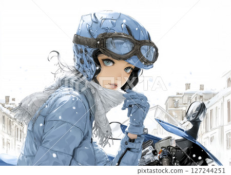 Illustration material of a female rider touring in winter on a sports bike 127244251