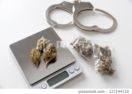 Weighing marijuana buds on a scale. Weighing marijuana buds on a scale. 127244310
