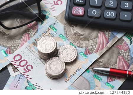 Polish coins stack. PLN currency 127244320