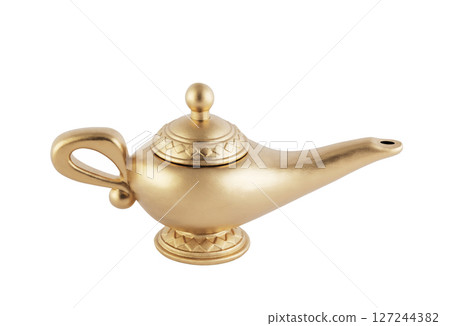 Aladdin golden magic lamp of wishes isolated on white background with clipping path 127244382