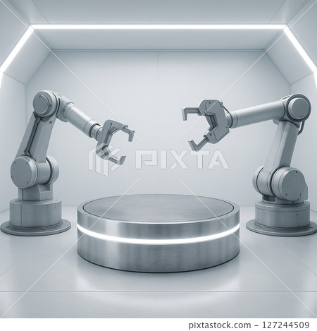 Robotic Arms and Podium Two robotic arms extending towards a futuristic platform 127244509