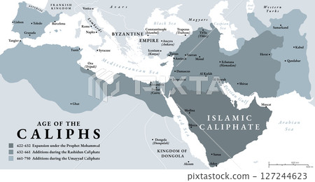 The age of the Caliphs, history map of the Islamic Caliphate from 622 to 750. The expansion under the Prophet Mohammad, with additions during the Rashidun Caliphate and the Umayyad Caliphate. Vector 127244623