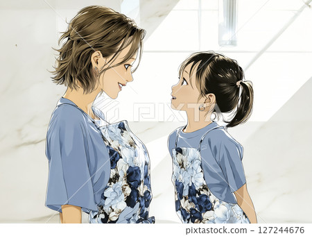 孩子穿著和媽媽一樣的圍裙的插圖素材 127244676