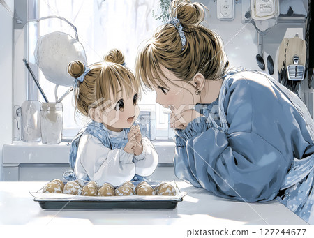 孩子和媽媽一起做糖果的插圖素材 127244677