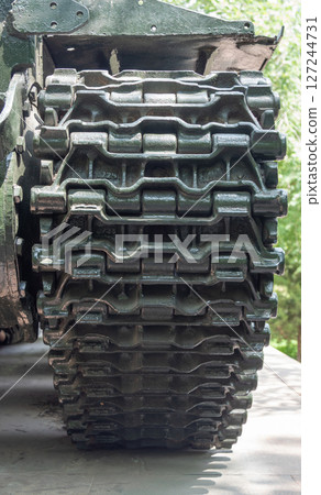Close-up of a Soviet tank track, showcasing massive construction and tread details 127244731