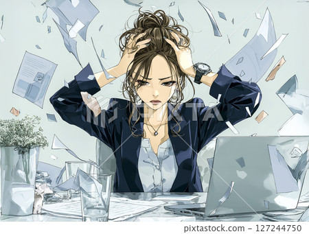 Illustration material of a businesswoman holding her head 127244750
