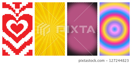 Set Of comic,halftone,pixel heart,Colorful gradient Backgrounds. Lovely Vibes Posters Design 127244823