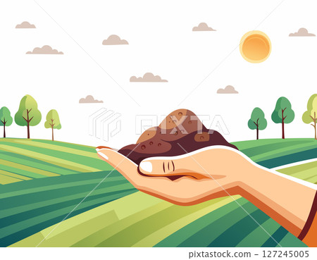 Illustration of a hand offering a pile of soil, symbolizing agriculture and eco care. Surrounded by scenic hills and trees, the clean white backdrop adds clarity and modern style. Illustration of a hand offering a pile of soil, symbolizing agriculture and eco care. Surrounded by scenic hills and trees, the clean white backdrop adds clarity and modern style. 127245005
