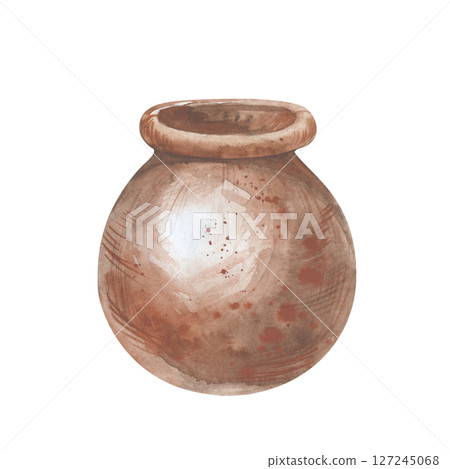 The rounded clay flower pot is hand-drawn. Watercolor illustration isolated on a white background. A brown vessel for use on a farm and in agriculture. Clipart. The rounded clay flower pot is hand-drawn. Watercolor illustration isolated on a white background. A brown vessel for use on a farm and in agriculture. Clipart. 127245068