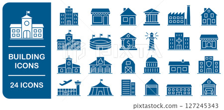 Building icon set. City architecture symbol sign. Containing Circus, airport, house, factory, bank, school, fire station, shop, hospital icons collection. Vector illustration image. 127245343