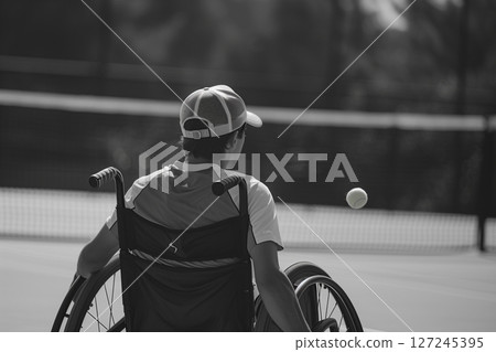 Close-up of wheelchair tennis player preparing to serve in adaptive sports 127245395