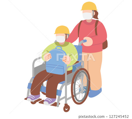 A woman evacuating and a senior man sitting in a wheelchair A woman evacuating and a senior man sitting in a wheelchair 127245452