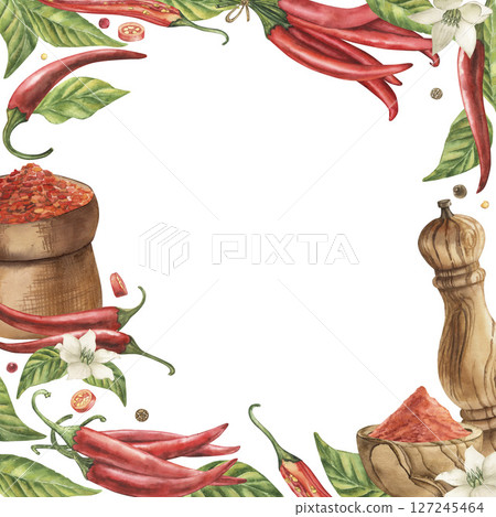 A square frame decorated with pods, leaves, flowers of red chili pepper, spices. The watercolor illustration with hot peppers, wooden dishes, a bag full of ground pepper was hand-drawn. For packaging A square frame decorated with pods, leaves, flowers of red chili pepper, spices. The watercolor illustration with hot peppers, wooden dishes, a bag full of ground pepper was hand-drawn. For packaging 127245464