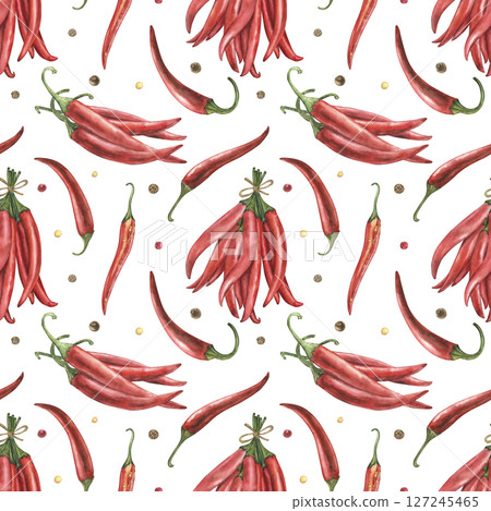 Seamless pattern with red hot chili pepper pods. Watercolor illustration with cayenne pepper fruits, pepper seeds are hand-painted in a botanical style. For wallpaper design, textiles, packaging Seamless pattern with red hot chili pepper pods. Watercolor illustration with cayenne pepper fruits, pepper seeds are hand-painted in a botanical style. For wallpaper design, textiles, packaging 127245465