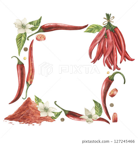 A square frame with fruits, leaves, flowers, seeds of red hot chili pepper, with a mound of ground pepper. The watercolor illustration is drawn in watercolor in a botanical style. For packaging A square frame with fruits, leaves, flowers, seeds of red hot chili pepper, with a mound of ground pepper. The watercolor illustration is drawn in watercolor in a botanical style. For packaging 127245466